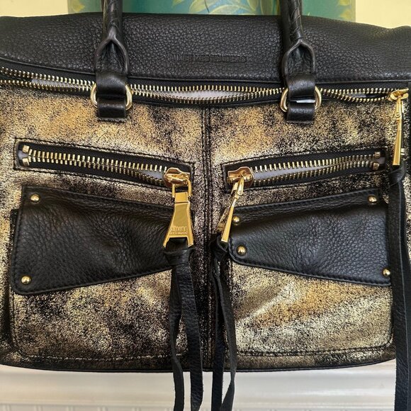 Aimee Kestenberg Black & Gold Leather Handbag With Zipper Pockets - Picture 2 of 9